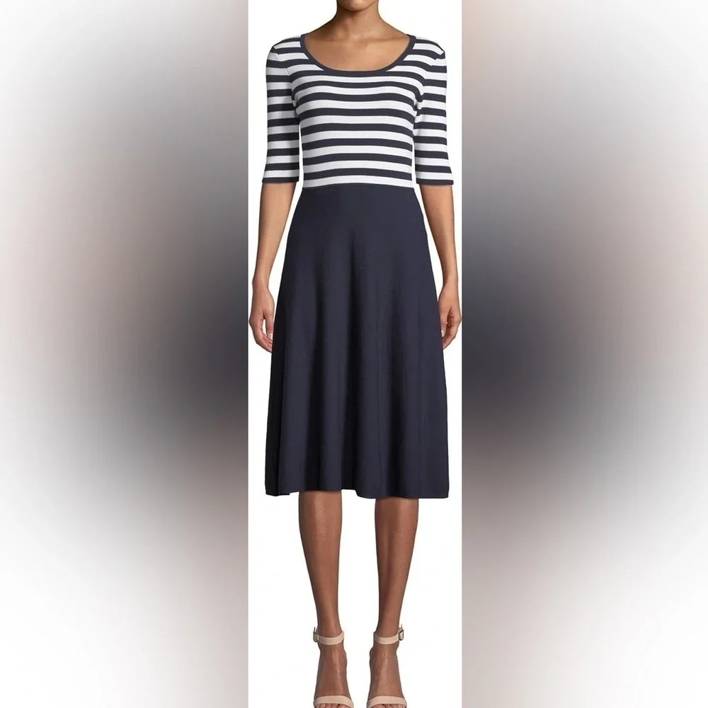 Milly Striped Bodice Fit and Flare Dress Navy Blue White Half-Sleeve Small NEW
